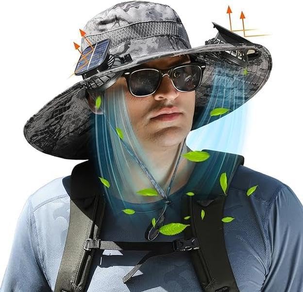 Wide Brim Solar Fan Hat, Hat with Solar Fans Built in, Large Fishing Hat with Fans for Men, for Outdoor Hiking Camping Fishing Garden, UPF 50+ Sun Breathable,Dark Gray Camouflage
