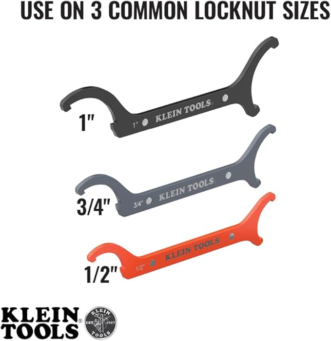 KLEIN TOOLS 50901R Conduit Locknut Wrench Set, 1/2, 3/4 and 1-Inch, Straight Compact Alloy Steel Design Tightens and Loosens Locknuts in Tight Spaces, 3-Piece