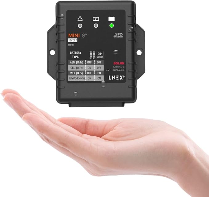 Solar Charge Controller Waterproof 8A, 12V Mini Solar Panel Battery Intelligent Regulator with LED Indicator for LiFePO4,AGM, Gel, Flooded and Lithium Battery