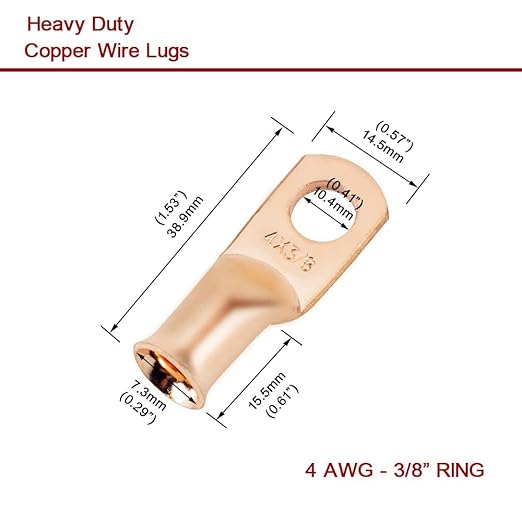 4 AWG 3/8" Stud (10 pcs.), Heavy Duty Bare Copper Ring Terminal 4 AWG Lugs 4 Gauge Battery Cable Lugs 4 Gauge Wire Connectors Copper Wire Lugs