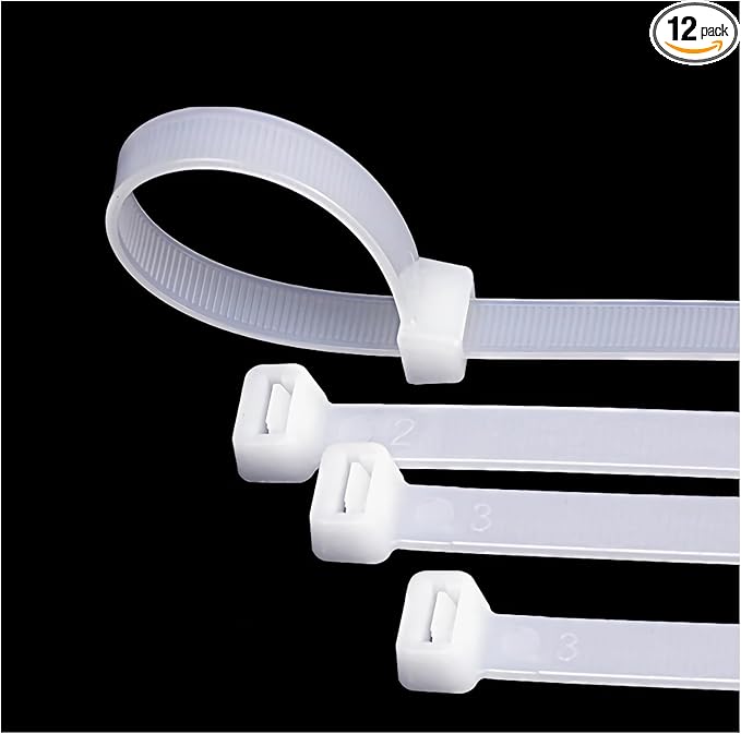 48 inch white heavy duty zip ties, UV-resistant, extra long nylon cable ties, 12 pieces, 200 lb tensile strength