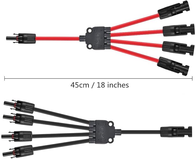 4 to 1 Solar Connectors Y Branch Parallel Adapter for Multiple Solar Panels (Red & Black)