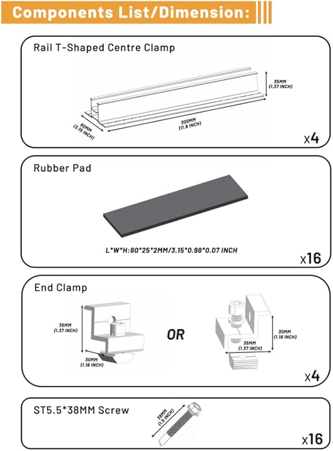 Solar Mounting Kit for Flat Roof and Ground,Shingle or Metal Roofs,Mounting Rails Clamps Set,Complete DIY Solar Racking Kit for Home Installation,Fits Standard 35mm Panel Frames,(4) Short 11.8” Rails