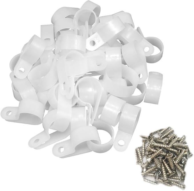 Cable Clamp R-Type Cable Clip Wire Clamp 5/8 inch Nylon Screw Mounting Cord Fastener Clips with Screws for Wire Management 50 Pcs Cable Clamps + 50 Pcs Screws - White