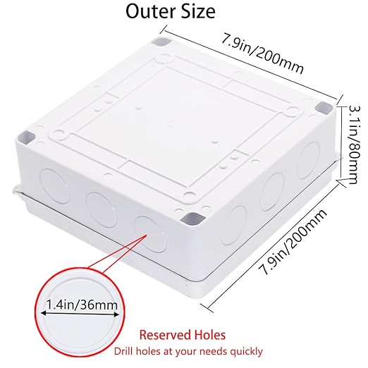 Junction Box, Zulkit Project Box with Reserved Holes IP65 Waterproof Dustproof Electrical Box ABS Plastic Project Enclosure White 7.9 x 7.9 x 3.1 Inch