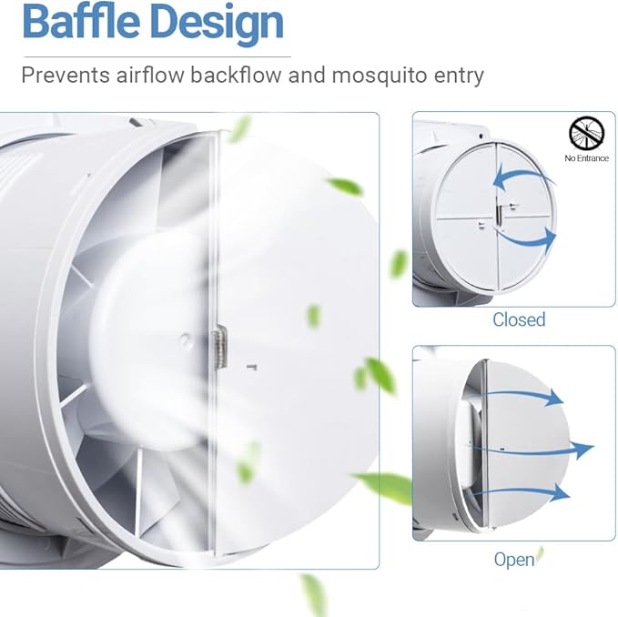 WiseWater Bathroom Round Exhaust Fan, 110V ac 140CFM 6'' Duct 8.3" Panel ABS Vent Fan Wall-mounted Extractor Fan with Accessories for Bathroom, Laundry Room, Office