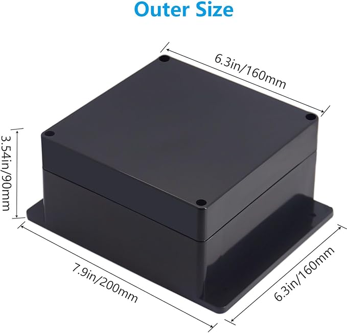 Project Box ABS Black Electrical Boxes IP67 Outdoor Waterproof Junction Box Electronic with Mounting Ears Includes Cable Glands for DIY Project 6.3 x 6.3 x 3.5 inch (160x160x90mm)