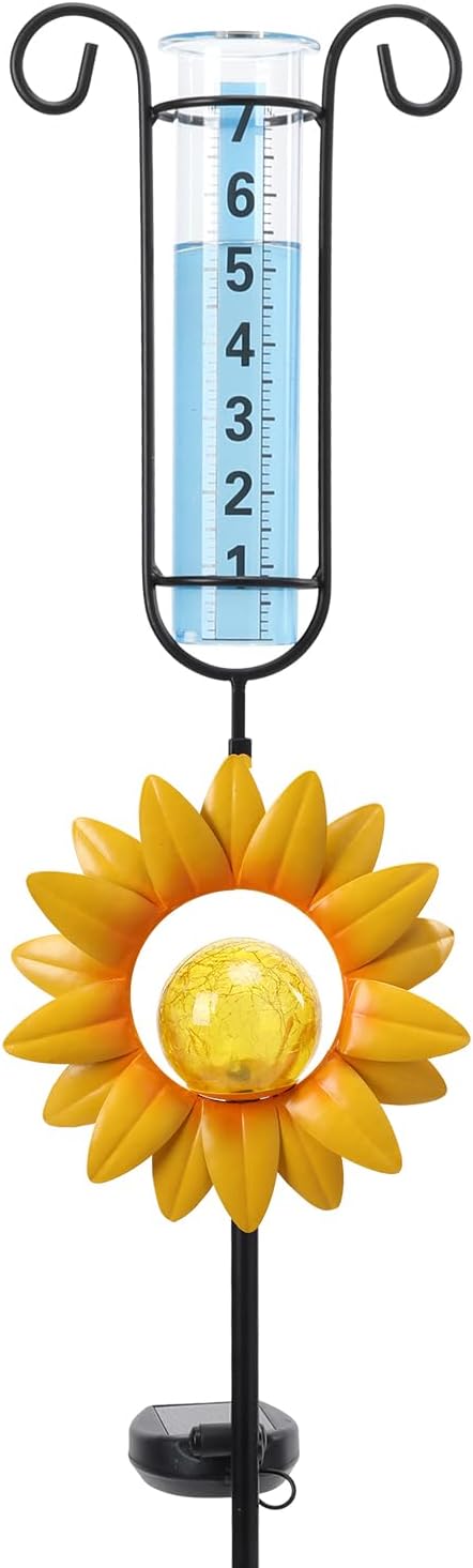 WONDER GARDEN Solar Rain Gauge Outdoor, Sunflower Decorative Rain Gauges Outdoors Best Rated with Yellow Crackled Glass Ball, Freeze Proof Water Rain Measure Gauge for Yard Patio Lawn Decor