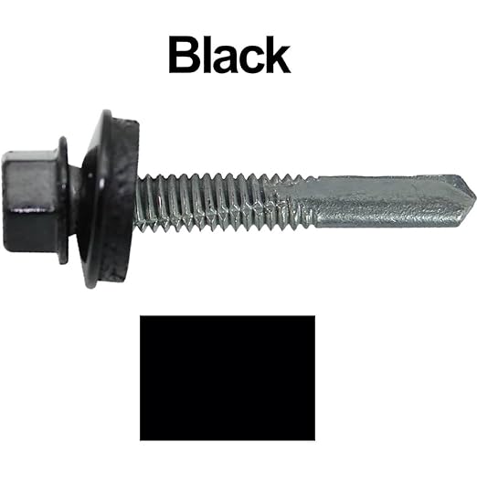 12 x 1-1/2" Black Type 5 Drill Point Roofing Screws - Hex Washer Head - Self-Starting/Tapping - EPDM Washer 1 x 250 Count Bag - 250 Screws