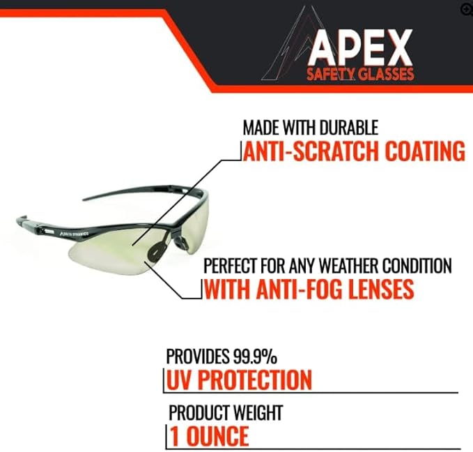Malta Dynamics APEX Safety Glasses – Anti Scratch and Anti Fog Protection, Construction Safety Glasses for Men and Women, ISEA & ANSI Z87 Compliant (Indoor/Outdoor, 12 Pairs)