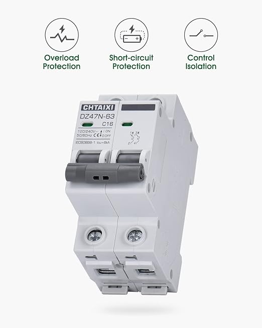 AC Miniature Circuit Breaker, 16 Amp 120V/240V 2 Pole DIN Rail Mount Circuit Breaker, Thermal Magnetic Trip, Solar AC Disconnect Switch MCB C16