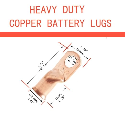 1/0 AWG 1/2" Stud (10 pcs.), Heavy Duty Battery Ring Terminal 1/0 Gauge Wire Connectors 1/0 AWG Battery Cable lugs 1/2 Bare Copper Wire Lugs