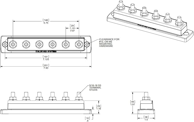 Blue Sea Systems 2126 250 Amp MaxiBus BusBar with 6 studs, 2126