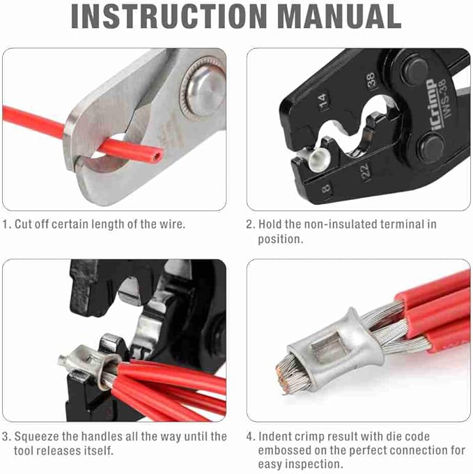 iCrimp Crimper for AWG 8-2 Works for Non-Insulated Terminals and Butt/Splice/Open/Plug Connectors for Auto Electrical,Marine,Motorcycle Wiring Repairs,Loom Assembly