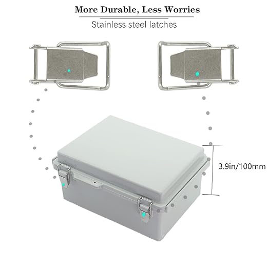 Zulkit Junction Box ABS Plastic Dustproof Waterproof IP67 Electrical Boxes Hinged Shell Outdoor Universal Project Enclosure Grey, Stainless Steel Buckles 10.2 x 6.3 x 3.9 Inch