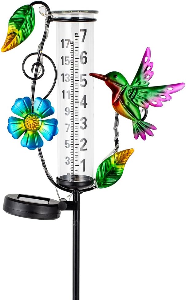 Hummingbird Rain Gauge Outdoor,Decorative Rain Gauges with LED Solar Lights,7” Glass Tube Rain Gauge Freeze Proof for Garden Patio Lawn
