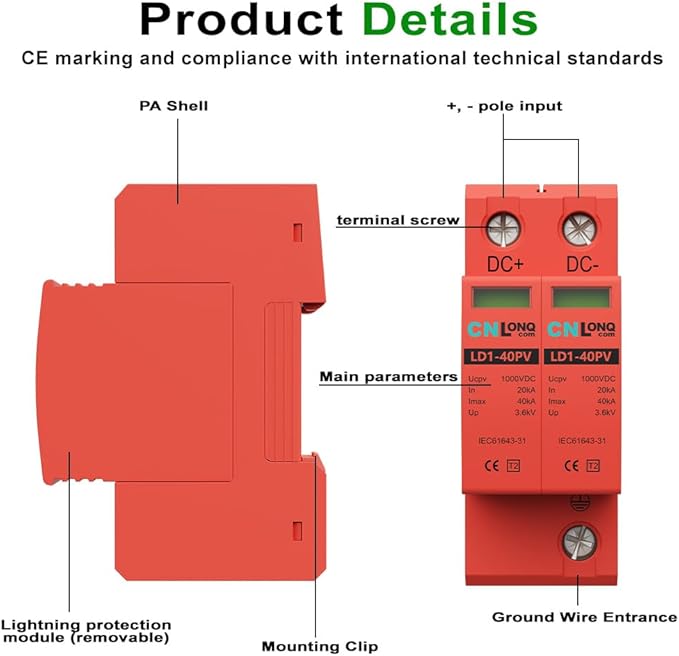 2P 40KA Voltage Surge Protector DC 1000V Solar PV Lightning Arrester Device for Rv, Home Lightning Protection System 35mm DIN Rail Mount (2pcs)