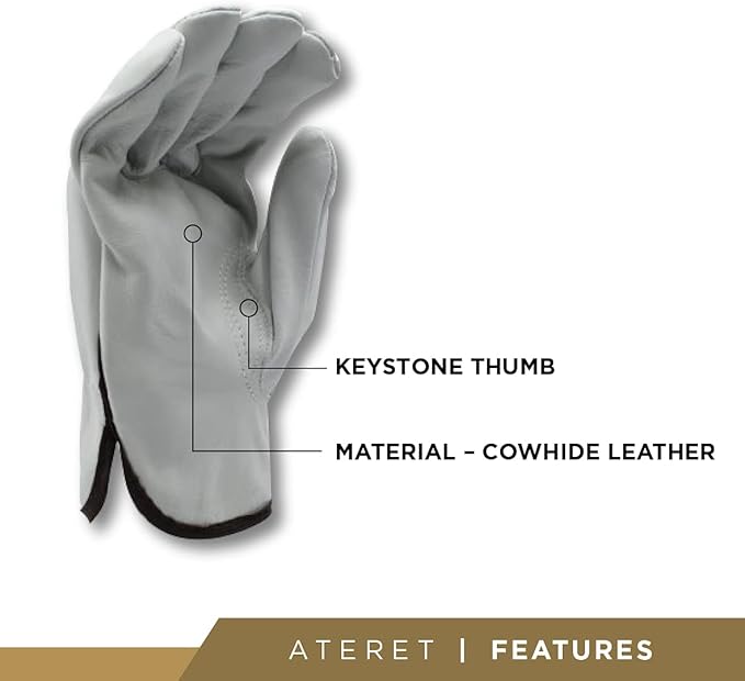 ATERET 12 Pairs X-Large Heavy Duty Durable Cowhide Leather Work Gloves I Driver Gloves for Truck Driving, Warehouse, Gardening, Farming (Pack of 2)