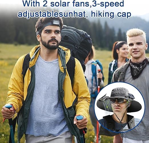 Solar Fan Hat with Dual Fans – Solar Powered Wide Brim Hat with Removable Fans for Outdoor Activities | USB & Solar Charging | Ideal for Fishing, Hiking, Gardening, and Outdoor Sports Khaki