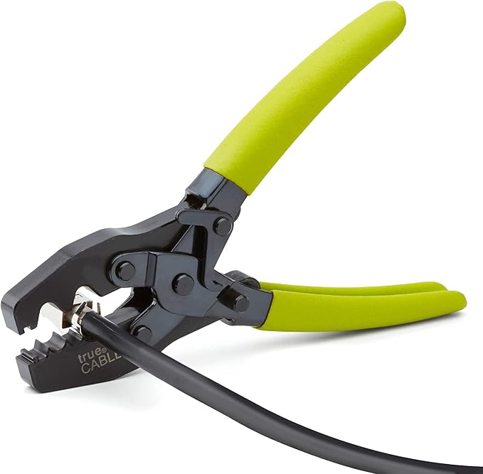 TRUE CABLE External Ground Crimping Tool for Shielded RJ45 Connectors, Dual Crimp Cavities, Carbon Steel, Non-Slip Ergonomic Handle, Terminal Crimper with Latch Mechanism