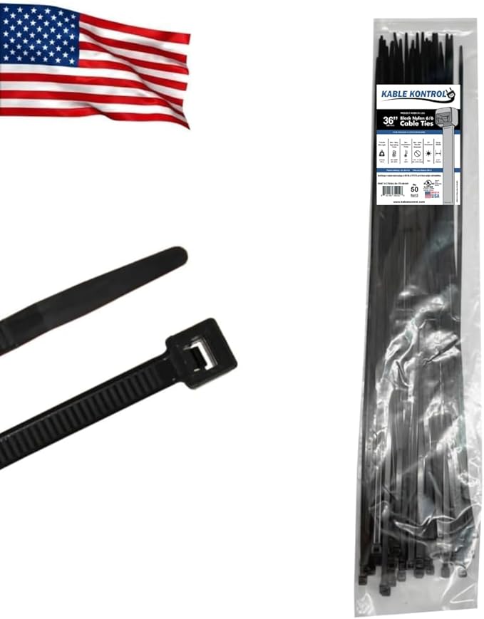Kable Kontrol Made in USA Cable Zip Ties, 50 Pcs 36 Inch Black, 175 Lbs Tensile Strength, Self-locking UV Resistant Plastic Nylon Wire Ties, for Indoor or Outdoor Use