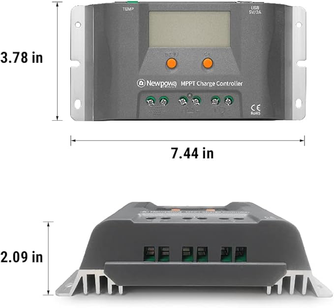 Newpowa15A MPPT Solar Charge Controller Charge ＞10A 12V Battery Regulator Dual USB Ports Negative Ground W/LCD Display Up to 200W Off Grid Solar Panel Adjustable for Gel AGM,Liquid, Batteries