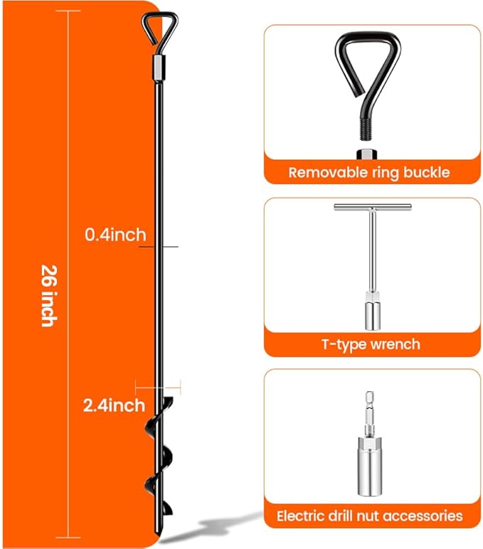 Ground Anchors Screw in Trampoline Anchors Heavy Duty Ground Anchors,Tent Stakes for Camping Tent, Trampoline, Canopies, Carports, Sheds, Swing Sets, Black Anti-Rust Coating for High Wind (4 X 26in)