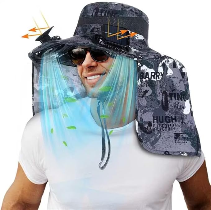 Chuarry Wide Brim Sun Hat with 2 Fan Outdoor Solar Powered USB Charging Fishing Hat with Neck Flap for Men Women