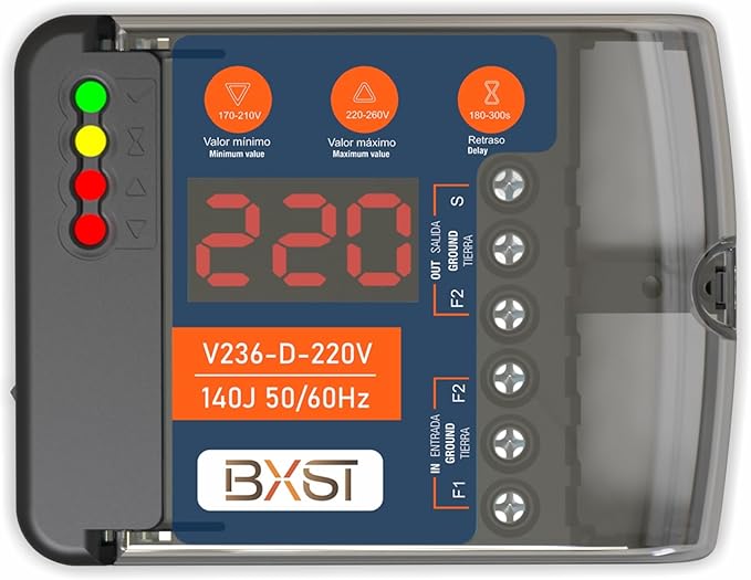 BXST Heavy Duty Wiring Surge Protector with LED Display Adjustable Voltage & Delay Protection, 220V, 30A, 6600W Max, 140J Surge Protection for Refrigerators, Air Conditioning, Motors, Pumps
