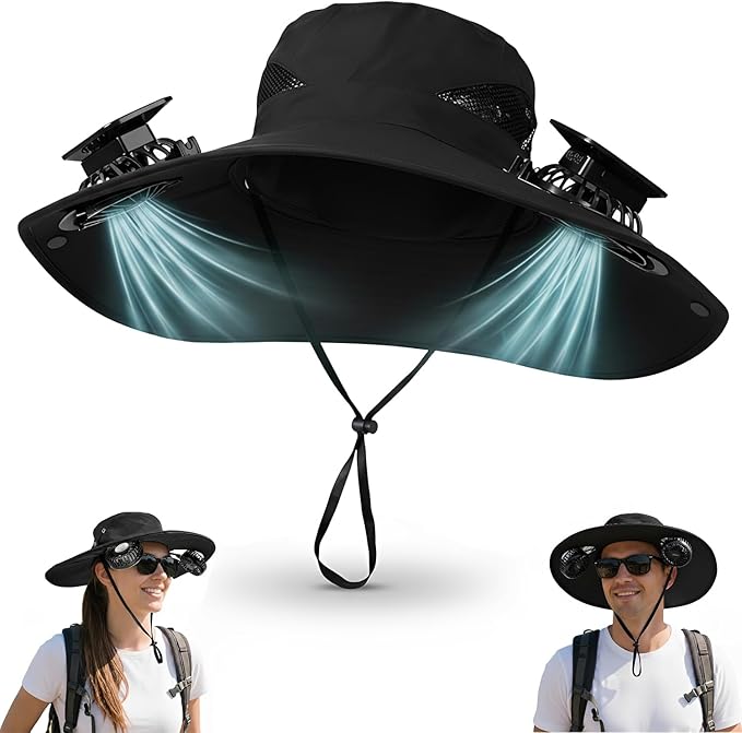 Hat with Fans Solar Power, 2-in-1 UPF 50+ Wide Brim Sun Hat, Fishing Essentials for Camping Hiking Beach Summer Safari