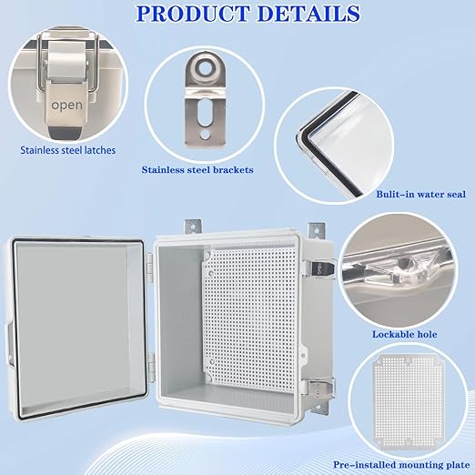 Waterproof Electrical Box with Mounting Plate, IP67 Junction Box Stainless Steel Latch Hinged Grey Cover Project Enclosure with Wall Bracket and 2 Glands 8.3" x 8.3" x 3.9"