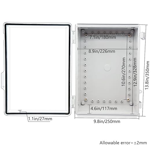 Zulkit Junction Box IP67 Waterproof Electrical Box Hinged Clear Cover Stainless Steel Latch Plastic Enclosure for Project w Mounting Plate Wall Bracket and 2 Cable Gland 13.8"x9.8"x5.9"/350x250x150mm