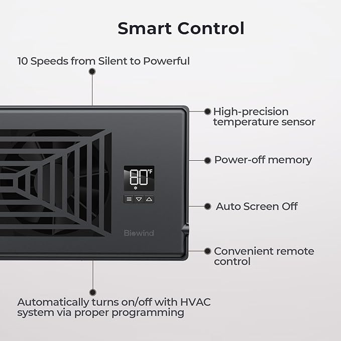 Quiet Register Booster Fan Fits 4" x 10" Register Holes, 10-Speed Smart Heating Cooling AC Vent Fan with Remote Control and Thermostat Control - Black