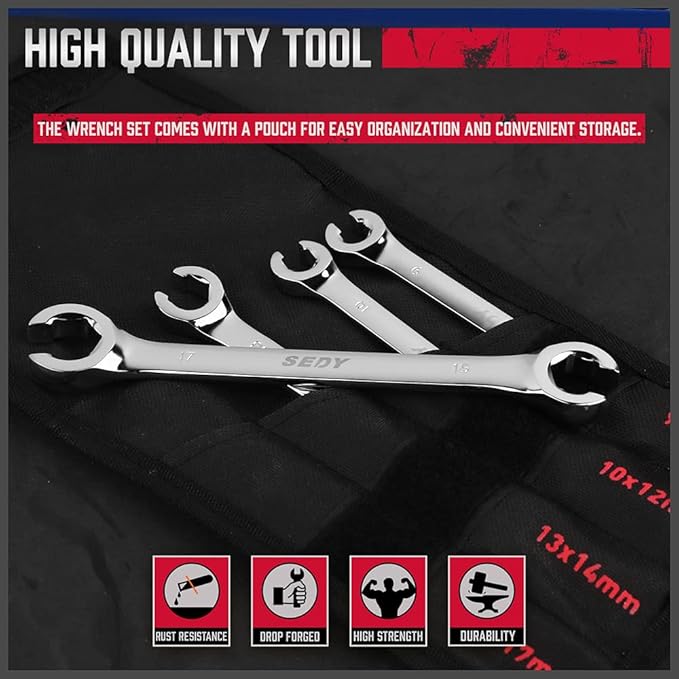 SEDY 4-Piece Flare Nut Wrench Set, Offset End Spanner Metric 9 10 11 12 13 14 15 17mm, CR-V Steel Storage Pouch Repair and Remove Nuts on Fuel Tube Hose Transmission Line