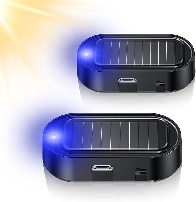 Car Solar Power Simulated Dummy Alarm, Vehicle Security Anti-Theft LED Flashing Fake Lamp with Light Sensor, Car Alarm Light for SUV, RV, Truck(2PC, Blue