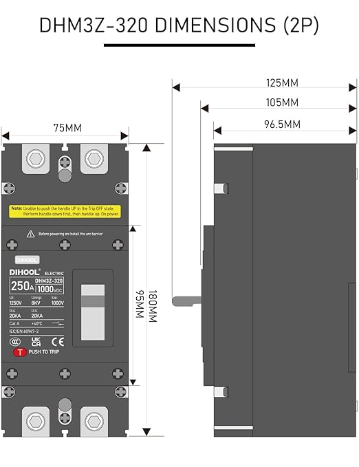 DIHOOL 250 Amp DC Circuit Breaker,2P 1000V 20kA Breaking Capacity Battery Disconnect Switch with Thermal Magnetic Trip for Solar, UPS, Battery