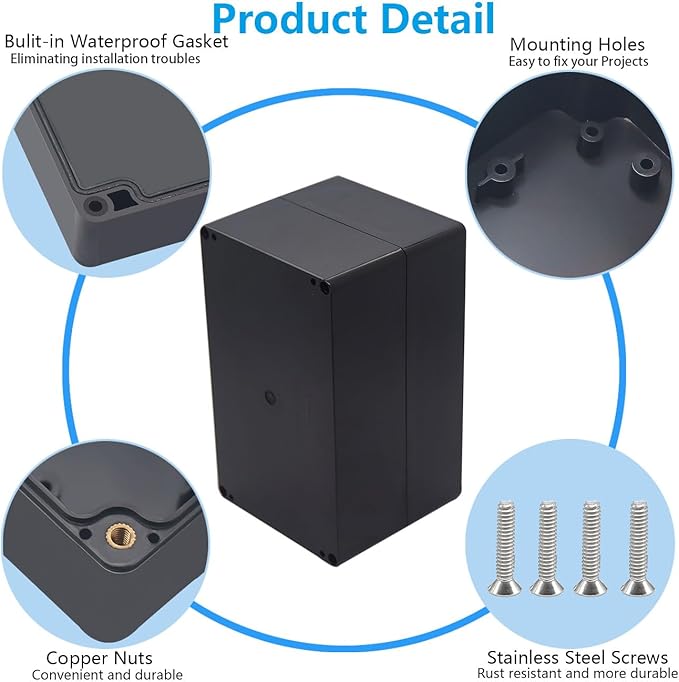 Project Box ABS Black Electrical Boxes IP67 Outdoor Waterproof box Electronic Junction Box Power Enclosure with Cable Glands for DIY Project 7.9 x 4.7 x 4.5 inch (200x120x113mm)