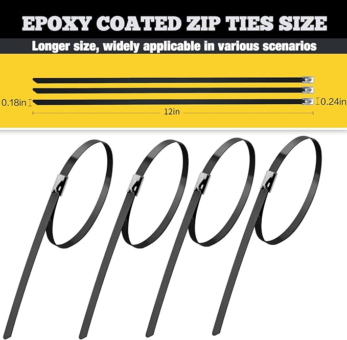 Black Metal Zip Ties Heavy Duty Outdoor 11.8 Inch 100pcs 304 Stainless Steel UV-Resistant Cable Ties for Chain Link Fence Parts, Poultry Fence Fixing & Exhaust Wrapping