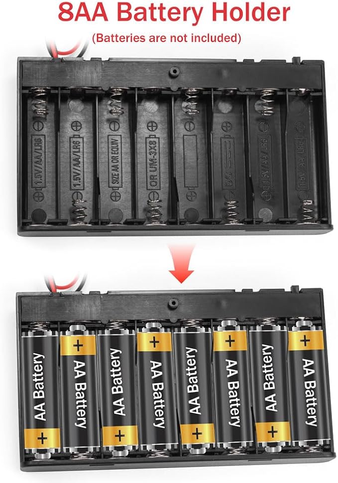 2PCS 12V (8 x 1.5V) 8AA Battery Holder Enclosures with Wire Leads and On/Off Switch Lid 12 Volt Battery Case with Hook Verclo and Solder Seal Wire Connectors