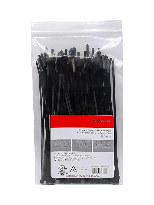 Bar Lok 8” Zip Ties – 100 Pieces, Black – Made in America – Weather, UV & Impact Resistant Plastic Cable Ties for Binding Bundling & Organizing Wire Cable & More – Indoor & Outdoor (8", 100ct)