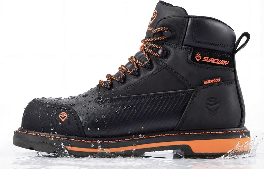 SUREWAY Men's 6" Waterproof Soft/Composite Toe Work Boots - Crazy Horse Leather Safety Shoes,GoodyearWelt Slip Resistant EH Rated Heavy Duty Construction Boots for Industrial, Roofing, Landscaping