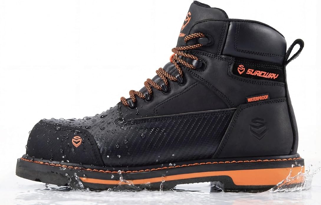 SUREWAY Men's 6" Waterproof Soft/Composite Toe Work Boots - Crazy Horse Leather Safety Shoes,GoodyearWelt Slip Resistant EH Rated Heavy Duty Construction Boots for Industrial, Roofing, Landscaping