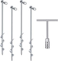Hiboom 4 Pcs Ground Anchors with T Handle Hex Wrench Trampoline Hook, Ground Anchor Screw in Kit, Inflatable Outdoor Decorations Accessories for Camping Tents Car Ports Canopies (Silver,16 Inch)
