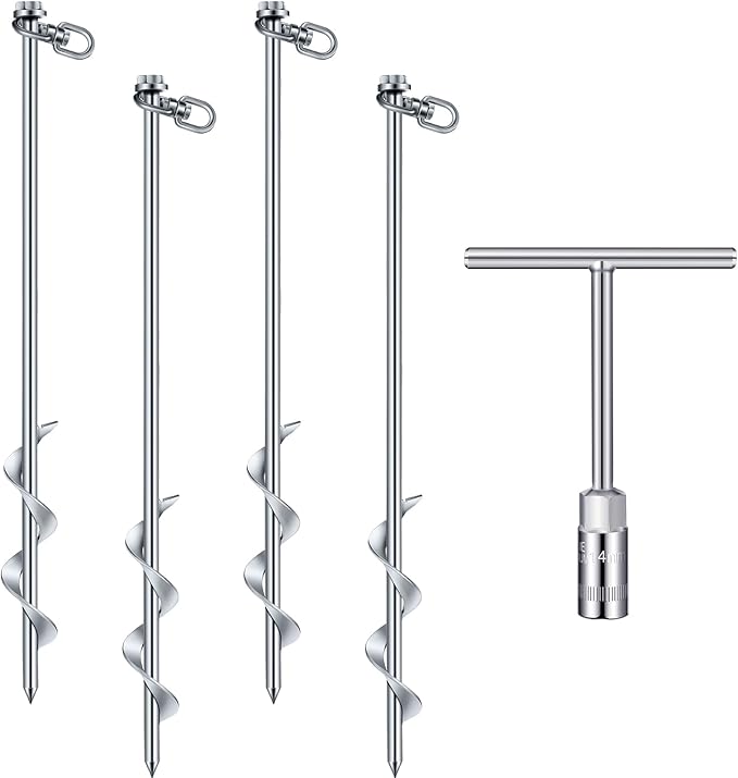 Hiboom 4 Pcs Ground Anchors with T Handle Hex Wrench Trampoline Hook, Ground Anchor Screw in Kit, Inflatable Outdoor Decorations Accessories for Camping Tents Car Ports Canopies (Silver,16 Inch)
