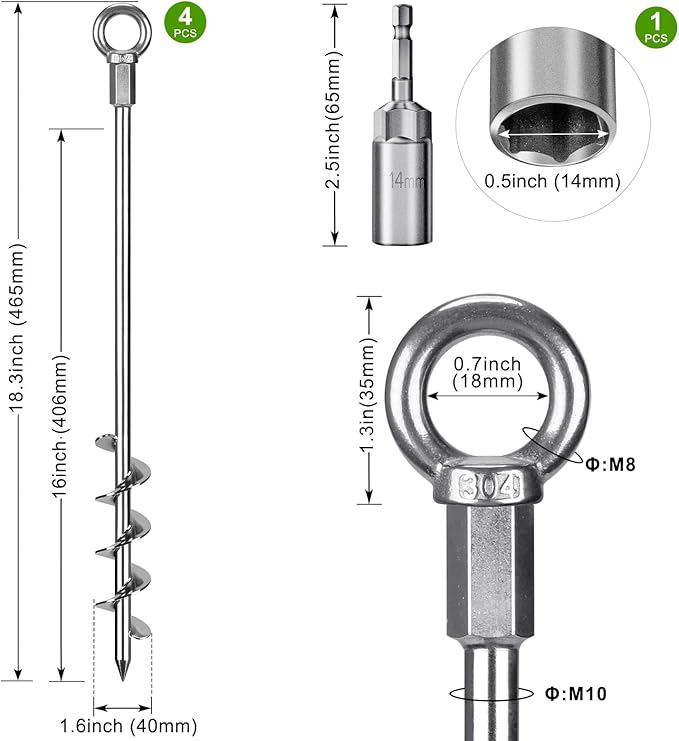 18" Heavy Duty Screw in Ground Anchors Kit, Spiral Windproof Earth Anchors for Trampoline, Shed, Swing Set & Mobile Home, Double-Sided Welded Spiral with Nut Driver Drill Bit (Set of 4)