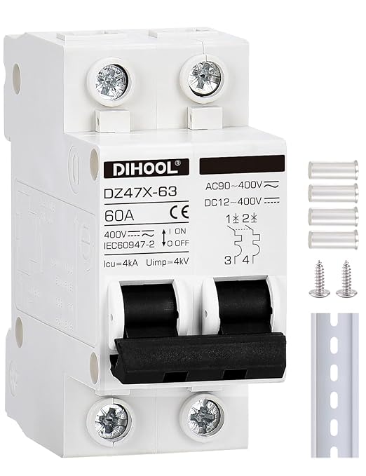 DIHOOL Solar Disconnect Switch, 60 Amp 2 Pole, DIN Rail Mount, Non Polarized, 12V 24V 48V 400V, AC/DC Circuit Breaker, RV Battery Isolator, PV Array MCB, Thermal Magnetic Trip