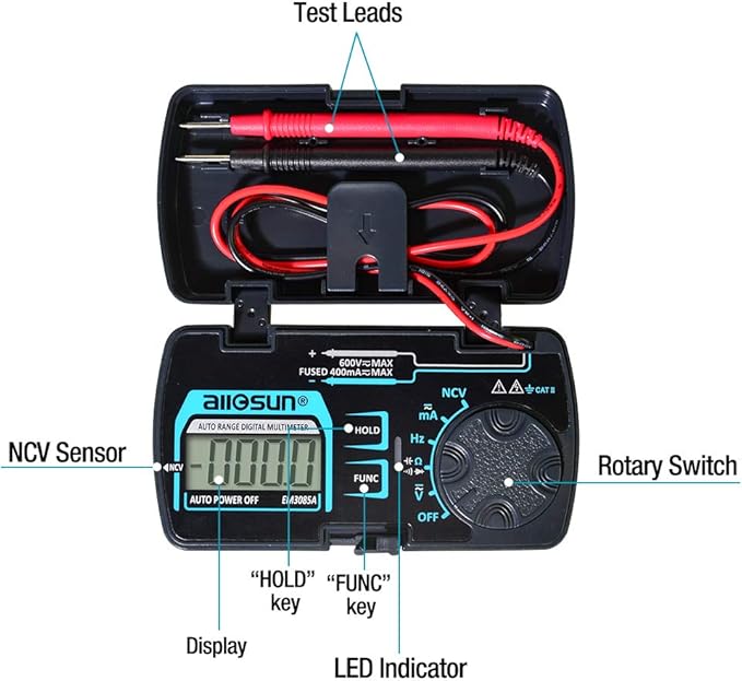 allsun Auto Ranging Pocket Tiny Digital Multimeter, Mini Electrical Travel Meter AC/DC Ohm Volt NCV Amp Capacitance Frequency Diode Continuity