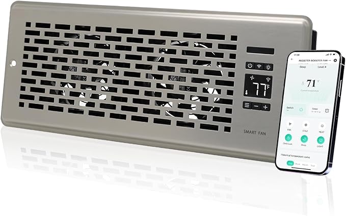 Register Booster Fan for 4" x 12" Register Holes, Quiet Vent Fan Booster with Intelligent Thermostat, Improves Heating Cooling, App Control, 10-Speeds, Manhattan Smart Register Vent, SN