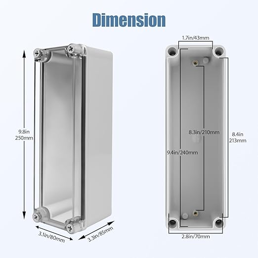LeMotech Junction Box IP67 Waterproof Dustproof Electrical Box Project Box DIY Enclosure Gray with Transparent Clear Cover, External Size 9.8x3.1x3.3in (250x80x85mm)