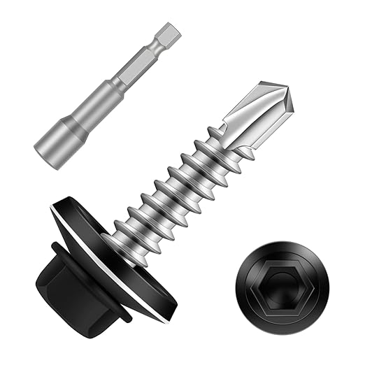 #12 x 1 Zinc Plated Steel Self Drilling Roofing Screws, Hex Head Self Tapping Screws with EPDM Washer, Black Head, 100 PCS